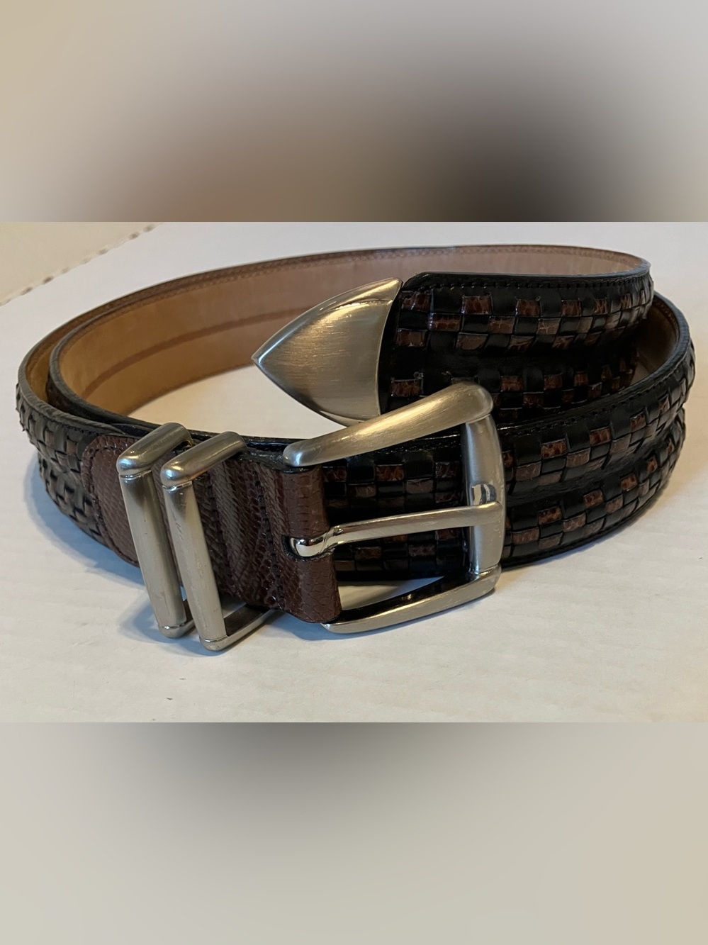 Men's Johnson & Murphy Brown Woven Lizard Belt leather Silver Buckle Sz 36 Spain